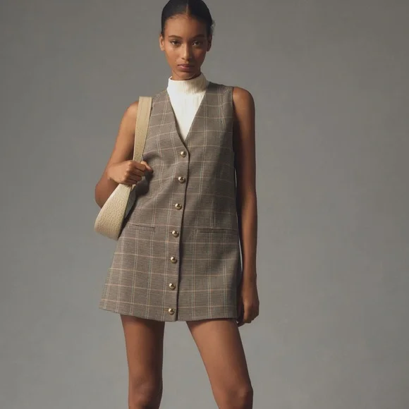 Anthropologie Plaid Button-Front Mini Dress in Brown and Tan - Picture 3 of 5